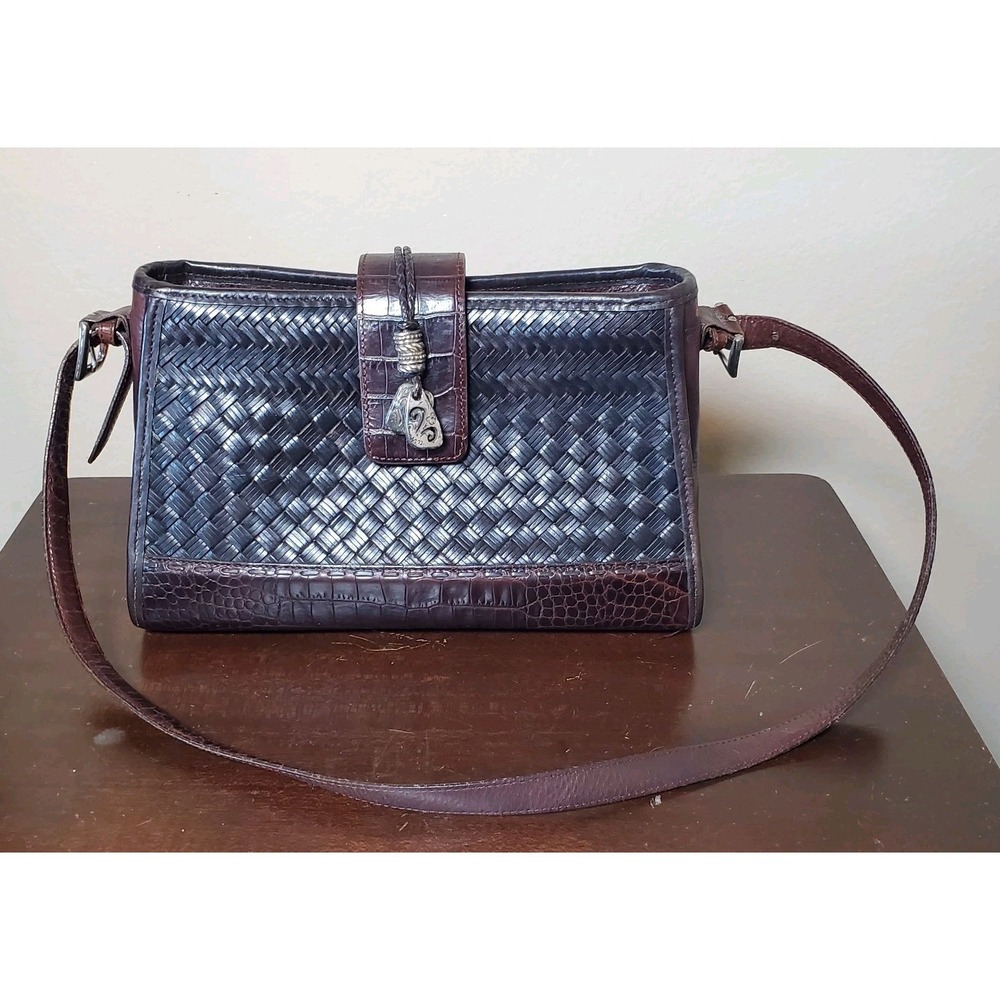 Brighton Bree Woven Handbag Purse Bag Woven Leather Plaid Liner‎ Croc Embossed